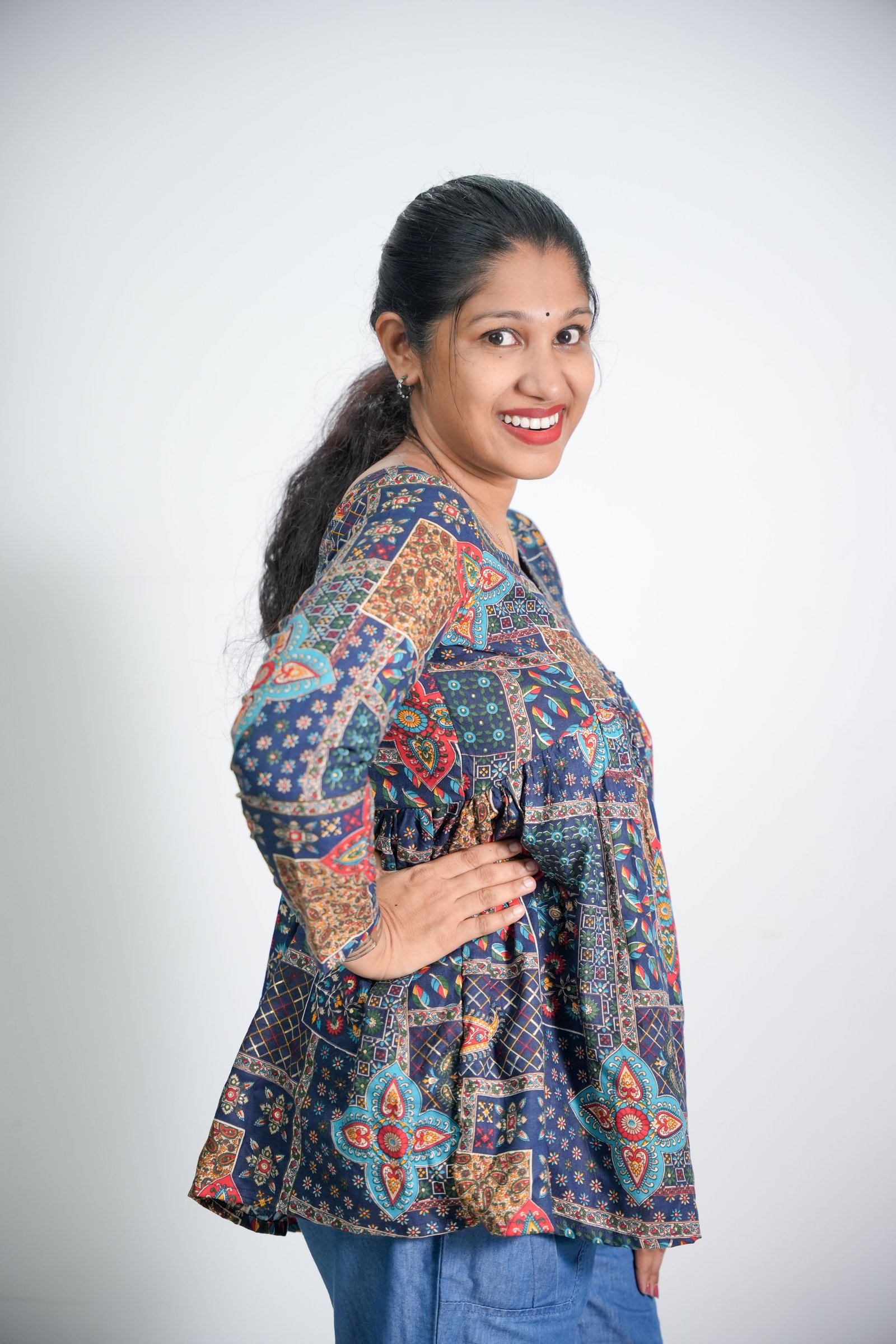 Womens Navy Blue Paisley Print Rayon Peplum Top